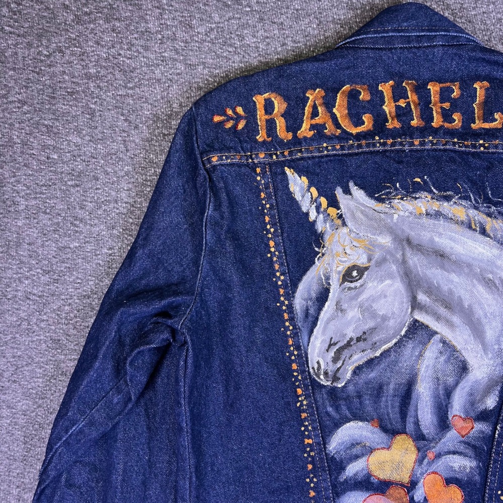 VTG Rustler Denim Jacket Mens Med Womens Custom Rachel Hand Painted Unicorn READ - Picture 6 of 16